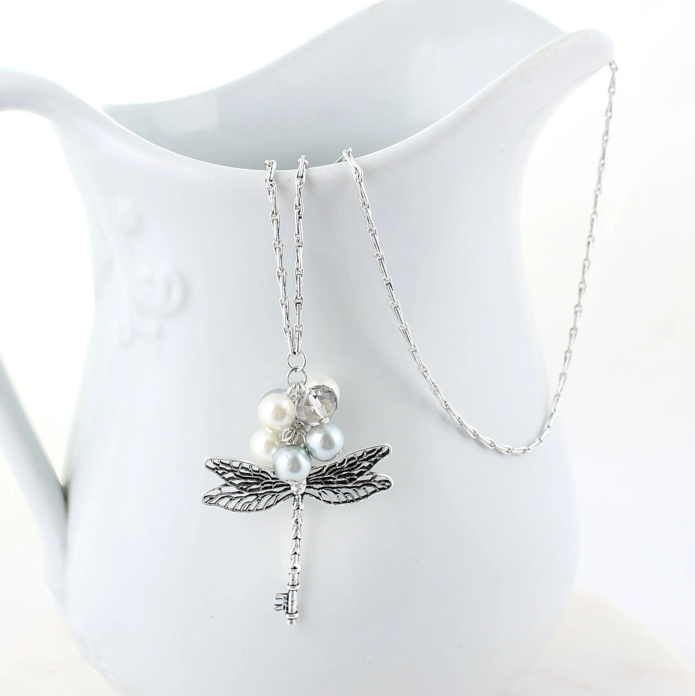 34" Silver & Pearl Dragonfly Key Necklace
