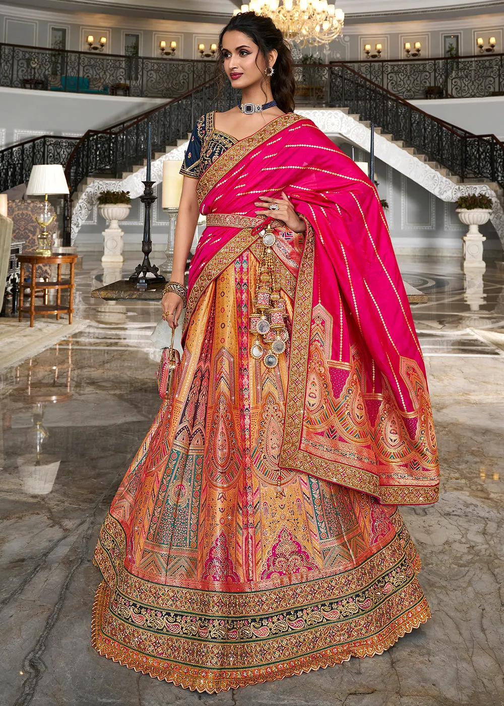 Blue Multicolor Banarasi Silk Embroidered Bridal Lehenga Choli