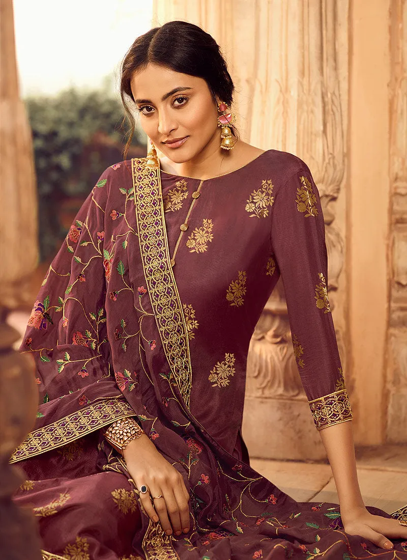 Burgundy Multi Embroidered Gharara Suit