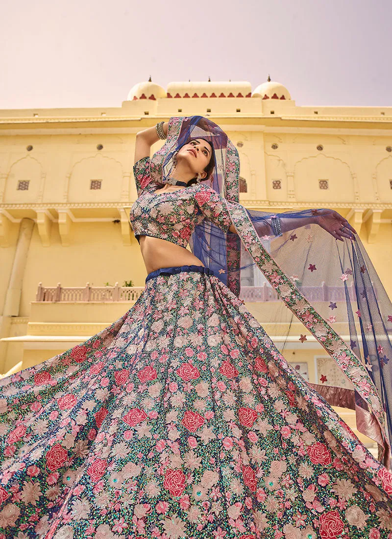 Dark Blue Net Multi Embroidered Wedding Lehenga Choli