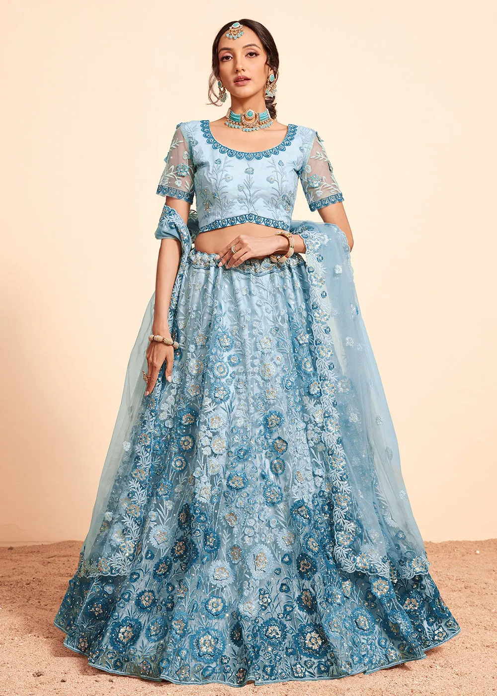 Firozi Blue Beautifully Heavy Embroidered Bridal Lehenga Choli
