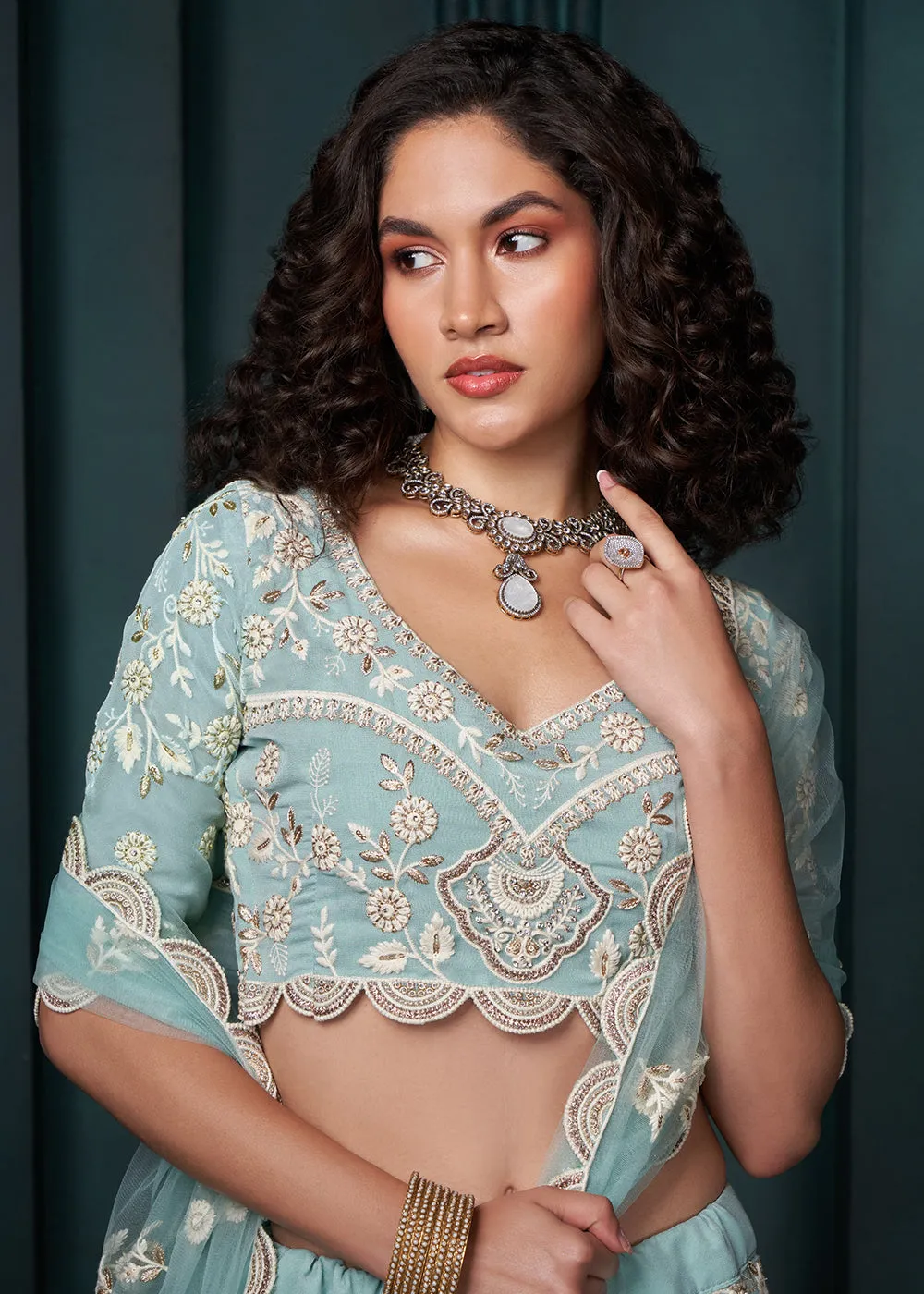 Firozi Blue Cording Embroidered Wedding Lehenga Choli