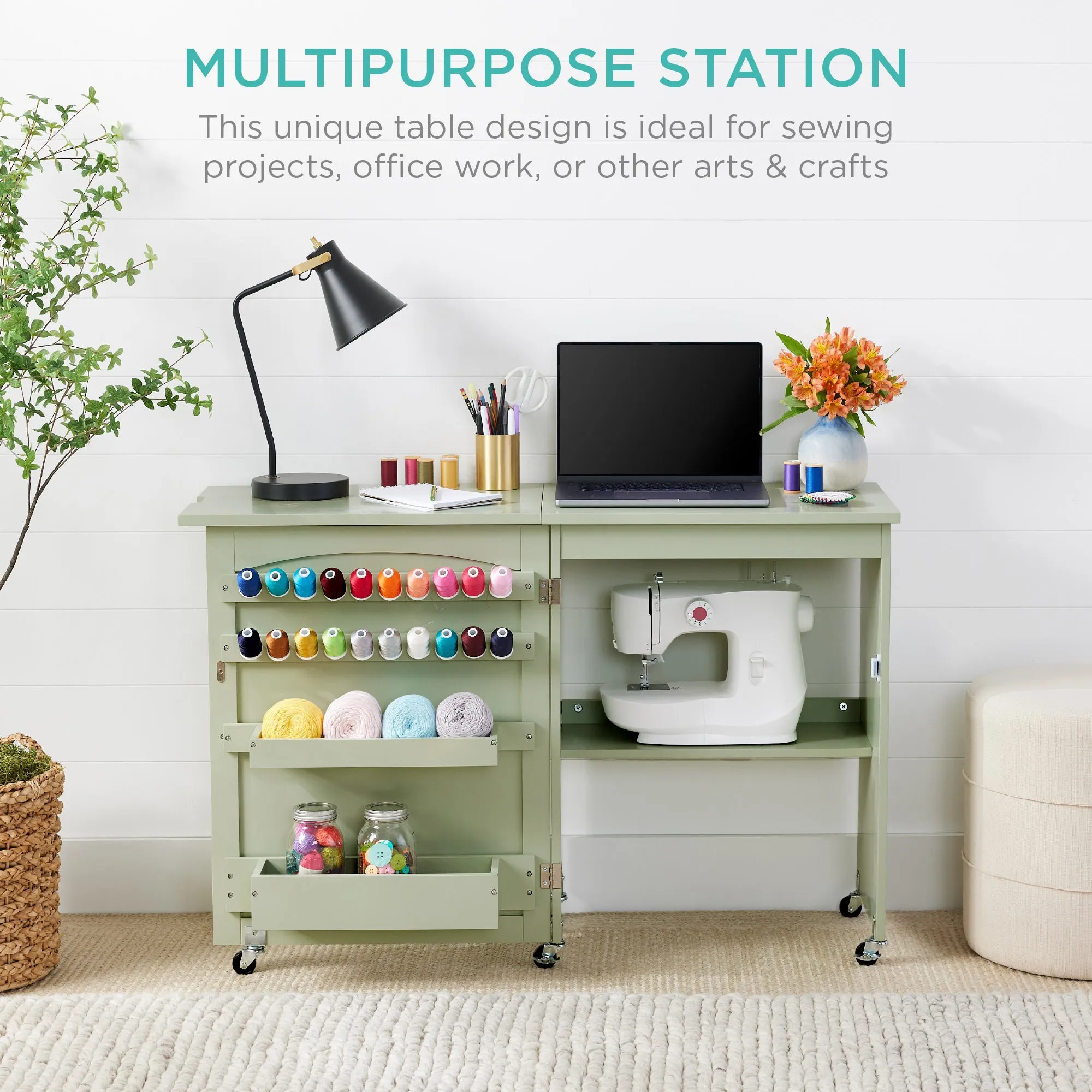 Folding Sewing Table Multipurpose Craft Station & Side Table w/ Wheels