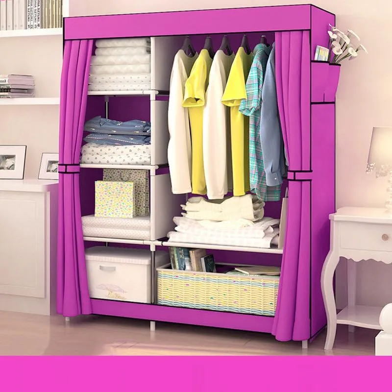 Kuber Industries Foldable Wardrobe for Clothes|Non Woven 2 Door Portable Clothes Rack|4 Shelves Almirah for Clothes-Pack of 6 (Purple)