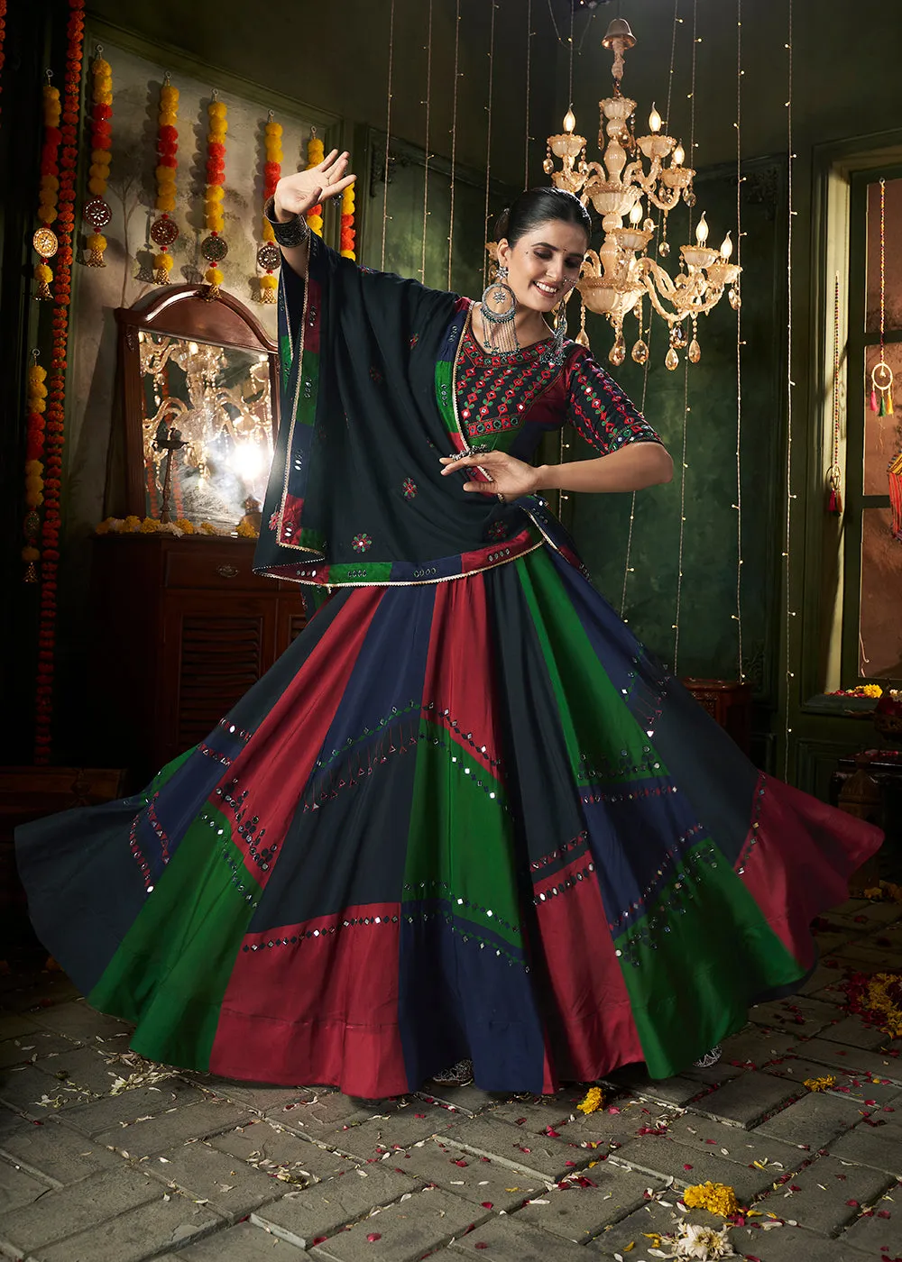 Multicolor Mirror Work & Printed Chaniya Choli for Navratri