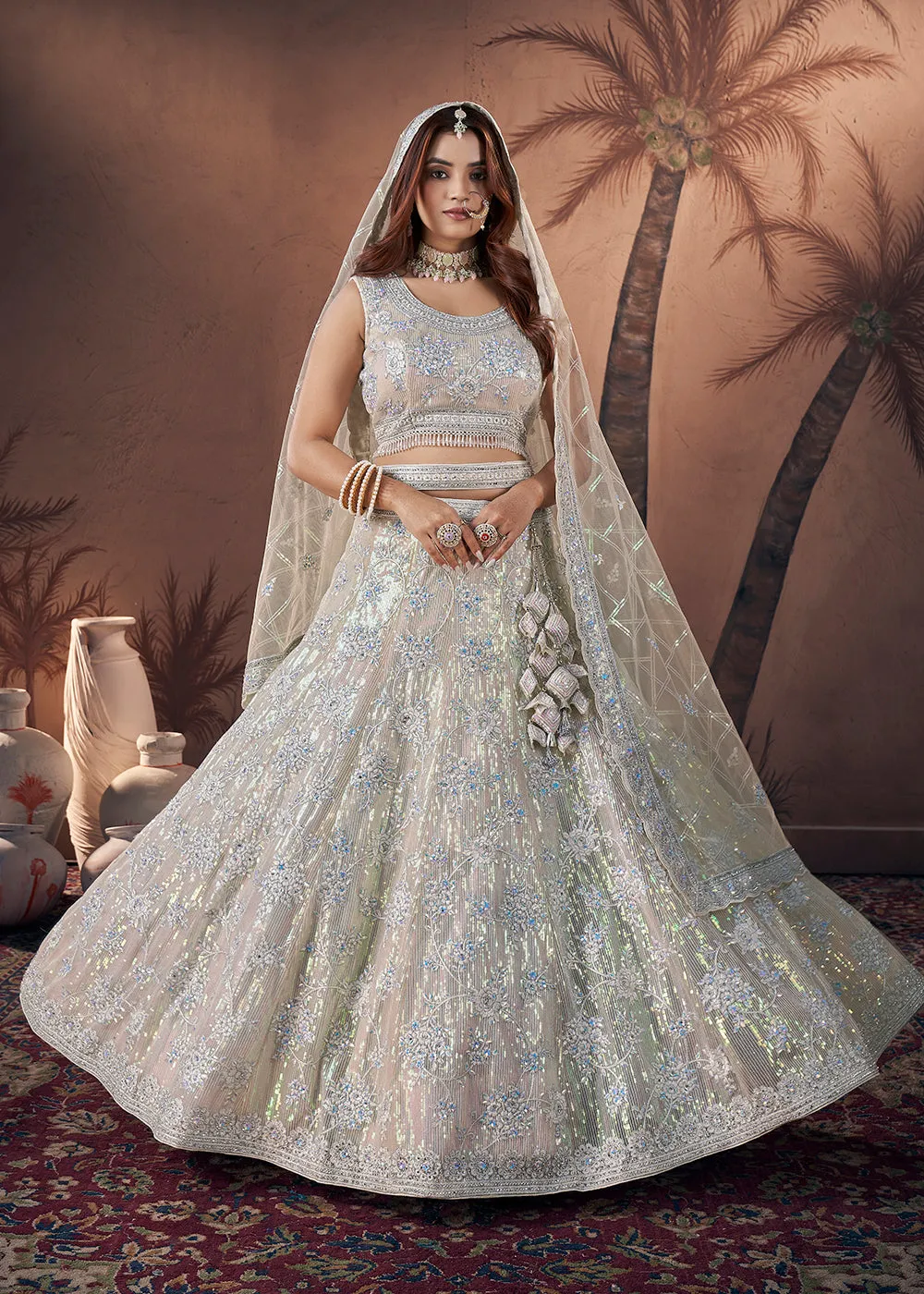 Premium Net Heavy Off White Handwork Bridal Lehenga Choli